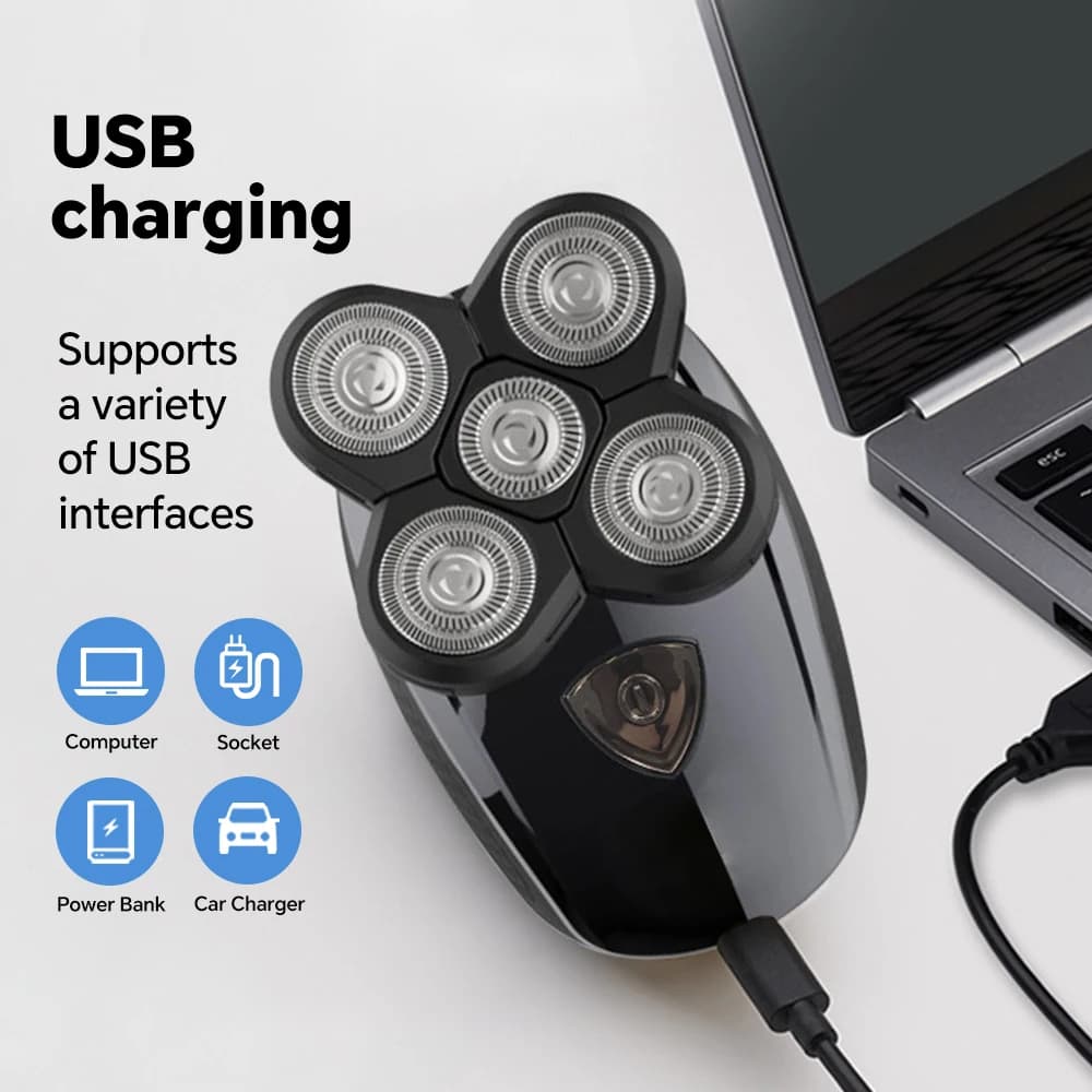 Men's electric shaver with 5 floating heads, cordless rechargeable shaver, used for shaving heads