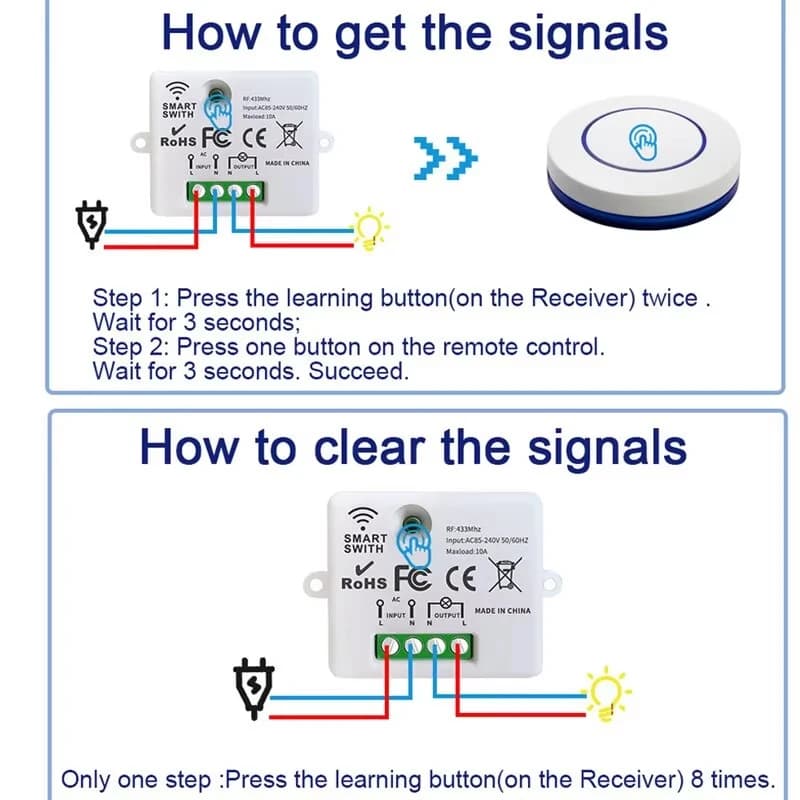 RF 433MHz Wireless Remote Control Light Switch 220V 110V 10A Relay Receiver Mini Round Button Wall Panel Switch For LED Lamp
