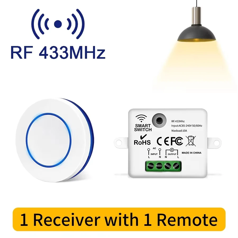 RF 433MHz Wireless Remote Control Light Switch 220V 110V 10A Relay Receiver Mini Round Button Wall Panel Switch For LED Lamp